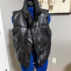 Women's Black Leather Puffer Vest